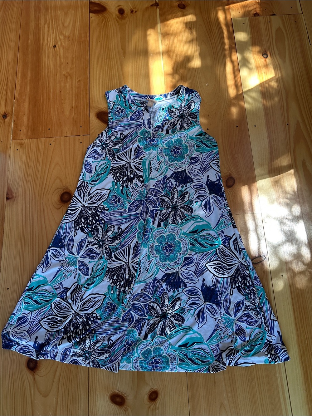 Chico's Floral Sleeveless A-Line Dress in Blue, Teal & White